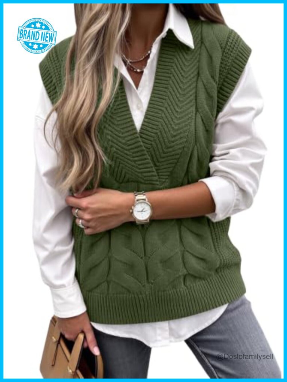Sleeveless V Neck Cable Knit Oversized Sweater Vest Lightweight Layering